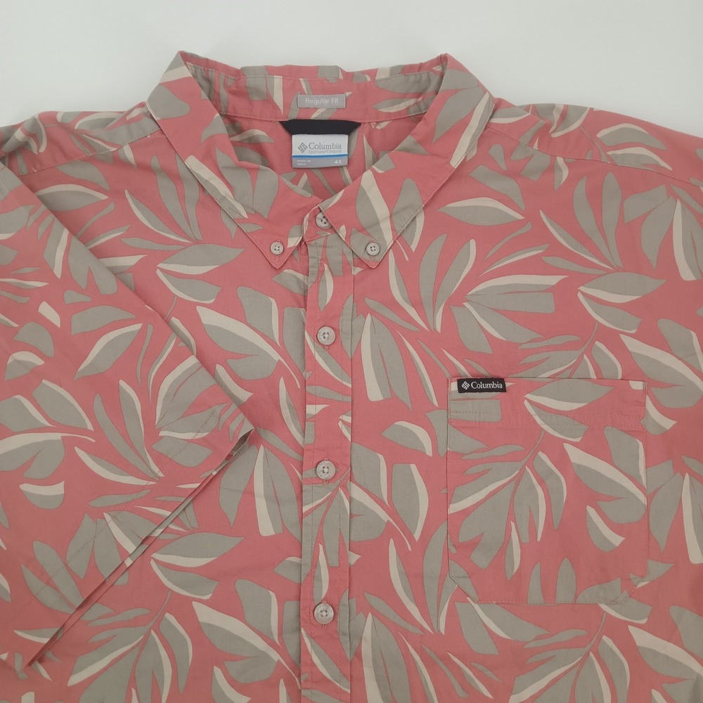 Columbia Mens 4X Short Sleeve Button Up Shirt Coral Pink Grey Leaf Print Regular